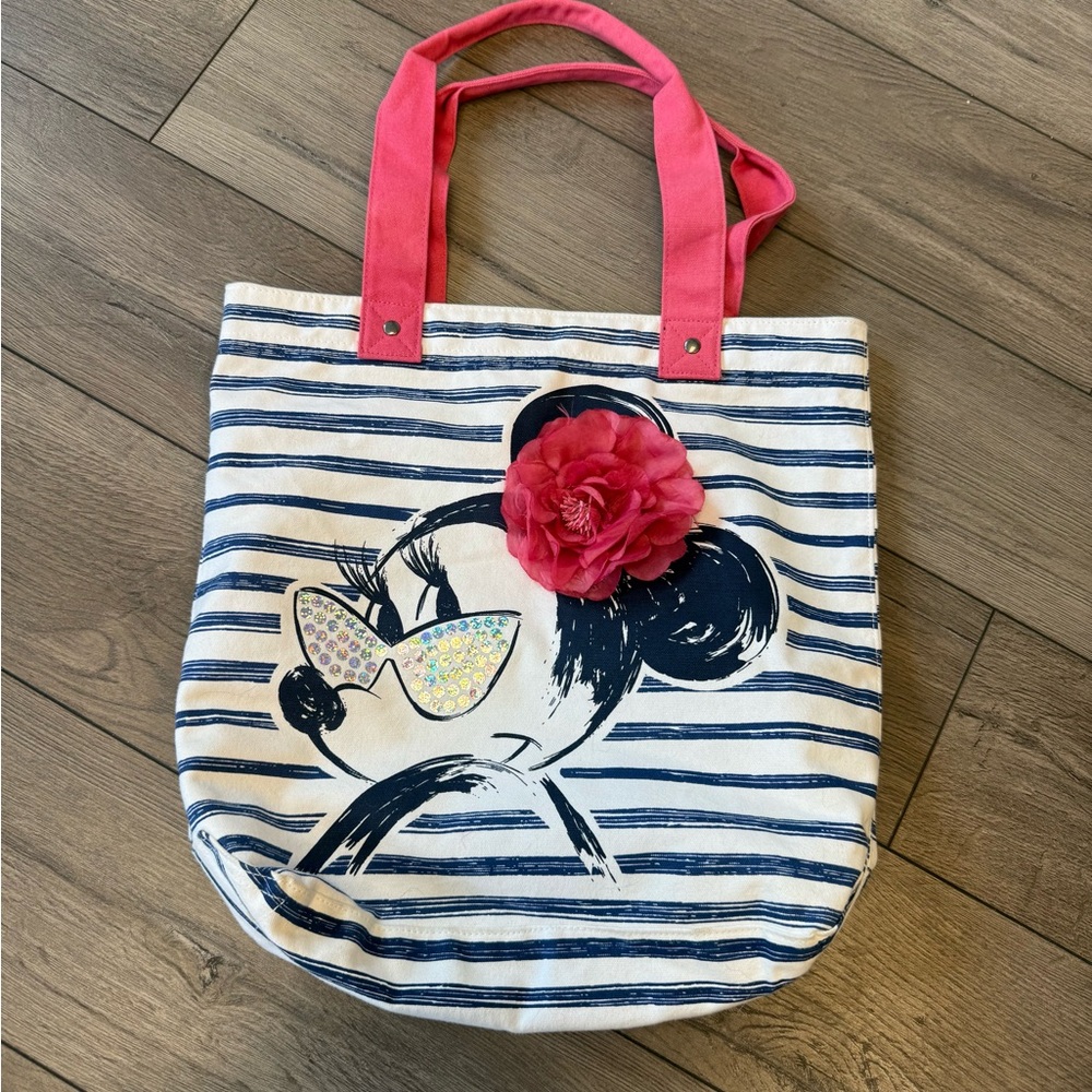 Disney Blue and White Striped Tote with Pink Handles